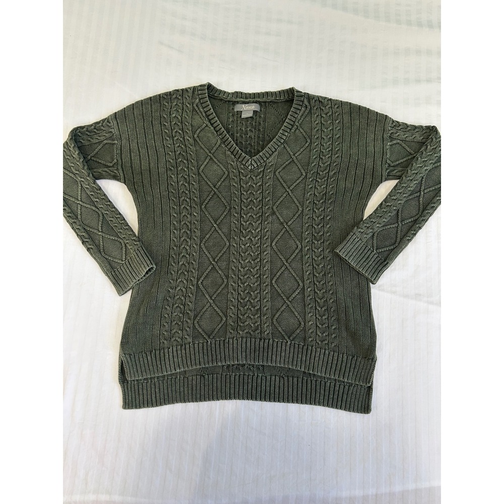 Natural Reflections Olive Green Cable Knit V-Neck Cotton Sweater Womens Medium